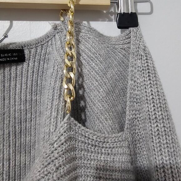 Shein - Blouse Off Shoulder Chunky Knit Chain Strap Sweater - Size L - Gray - Picture 5 of 9